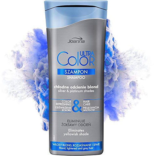 Joanna Ultra Color – schampo för silver- och platina-färger – stärkande vitaliserande hårschampo – färguppfräschning, hårvård och glans – neutraliserar gul nyans – 200 ml