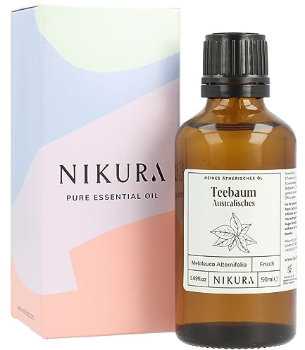 Nikura Tea Tree (Australian) Essential Oil - 50ml | 100% Pure Natural Oils | Perfect for Skin, Aromatherapy, Diffusers, Humidifier, Bath | Great for Self Care, Massage, Hair | Vegan & UK Made