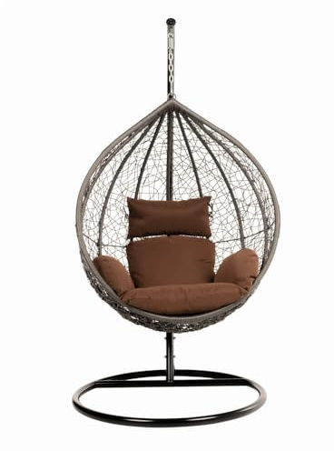 HOME DELUXE - Hängesessel Cielo - Grau, Höhe 200 cm - inkl. Gestell, Sitz- und Rückenkissen I Polyrattan Hängestuhl Gartenschaukel Hängekorb