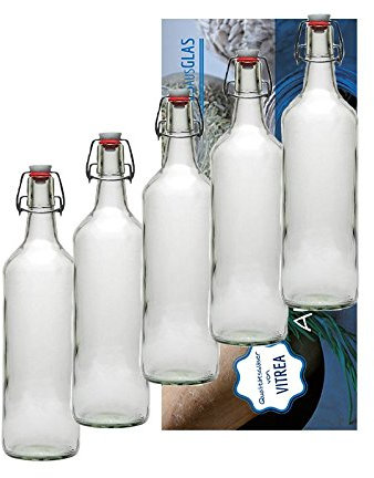 Vitrea 4er Set Bügelflaschen Bügelflasche Glasflaschen mt Bügelverschluss 1L 1000 ml zum Selbstbefüllen inklusive