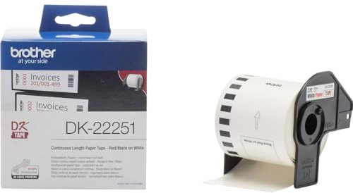 Brother DK-22251 Label Roll, Continuous Length Paper, Black/Red on White, Single Label Roll, 62mm (W) x 15.24M (L), Brother Genuine Supplies
