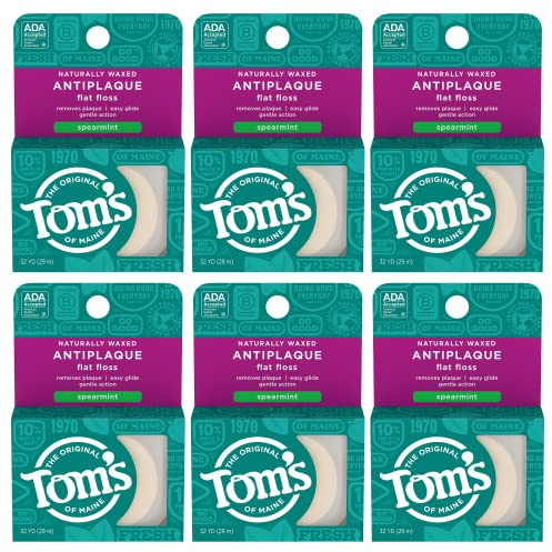 Tom's of Maine Naturally Waxed Antiplaque Flat Dental Floss, Spearmint, 32 Yards 6-Pack (Packaging May Vary)