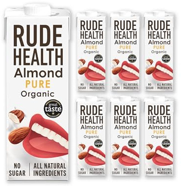 Rude Health 6 x 1 Litre Organic Pure Almond Drink, Milk Alternative | 100% Natural, Lactose Free, Dairy Free, Gluten-Free, Unsweetened, Award-Winning, Healthy & Vegan, 100% Recyclable Packaging