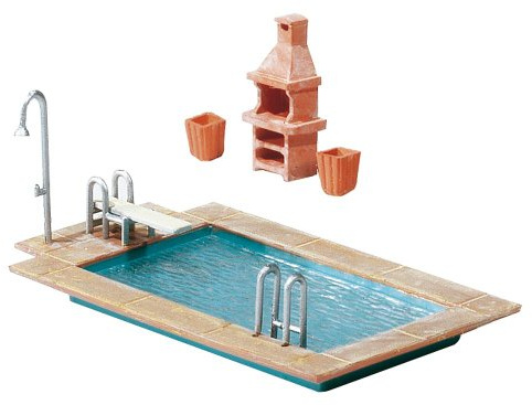 FALLER Swimming Pool and Garden Shed Model Kit with 57 Individual Parts 80 x 44 x 26 mm I Model Railway Accessories H0 I Model Railway H0 Garden Shed
