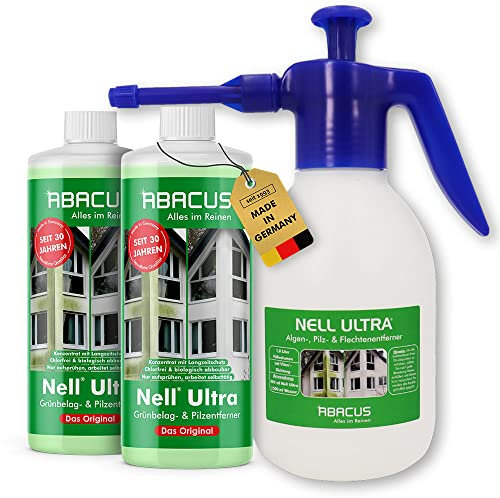 ABACUS® Nell Ultra Grünbelagentferner & Algenentferner Set, extrem stark! Entfernt Grünbelag & Algen selbsttätig mit Langzeitschutz – Algen- & Grünbelagentferner 2x1000ml mit Sprühflasche – Set S