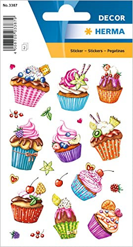 HERMA 3387 Aufkleber Cupcakes Glitzer klein groß, 20 Stück, Muffin Sticker mit Törtchen Gebäck Früchte Essen Motiv, Kinder Etiketten für Fotoalbum Tagebuch Poesiealbum Scrapbooking Geburtstag Deko