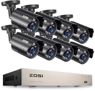 ZOSI Kit de Sécurité Extérieur H.265+ avec 8 Caméras 1080P, Étanche IP66, Vision Nocturne 80 m, Détection Intelligente Personne/Véhicule, Alertes Instantanées, DVR 5MP Lite (Disque Dur Non Inclus)