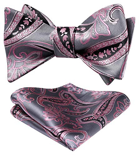 HISDERN Nœud papillon pour homme, mouchoir floral Jacquard, ensemble de poche carrée pour mariage et fête, Rose, gris, taille unique