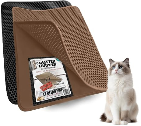 Small Cat Litter Trapper by iPrimio - Litter Mat, EZ Clean Cat Mat, Litter Box Mat Water Proof Layer and Puppy Pad Option. Patented (23x21 Brown)