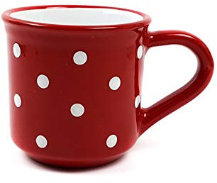 UNGARNIKAT Keramik Becher/Frühstücksbecher M/Kaffeebecher rot mit handbemalten weißen Punkten 0,35 L