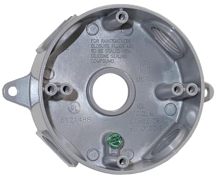 SIGMA ENGINEERED SOLUTIONS 143854 Round Metal Electrical Outlet Box, Weatherproof, Easy Mount, White, (5) 1/2-Inch Holes