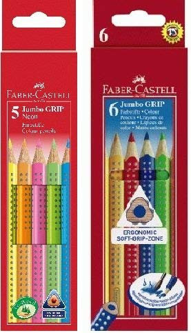 Faber-Castell 110994 und 110906 Bundle - Buntstifte Jumbo Grip Neon, 5-er Etui und Buntstift Jumbo GRIP 6er Kartonetui (Bundle neon + bunt, 1)