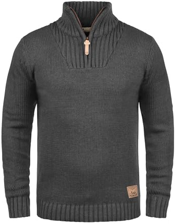 Solid Petro Men's Jumper Chunky Knit Pullover Troyer with Zipper, Size:S, Colour:Dark Grey Melange (8288)