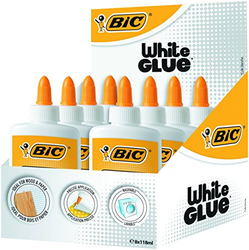 BIC Liquid White Glue - Box of 8 - 118 ml Bottles of Glue for Paper, Crafts or Wood - Washable with Precise Applicator Tip