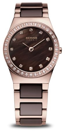 BERING Damen Quarz Uhr | Armbanduhr 26 mm roségoldenes Edelstahlgehäuse und braunes Zifferblatt | Edelstahlband mit Keramikelementen | 5 ATM | 32426-765