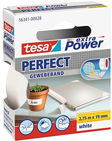 tesa Extra Power Perfect - Cinta de Reparación Reforzada en Tela para Confeccionar, Reparar, Fijar, Reforzar y Etiquetar - Blanco - 2.75 m x 19 mm