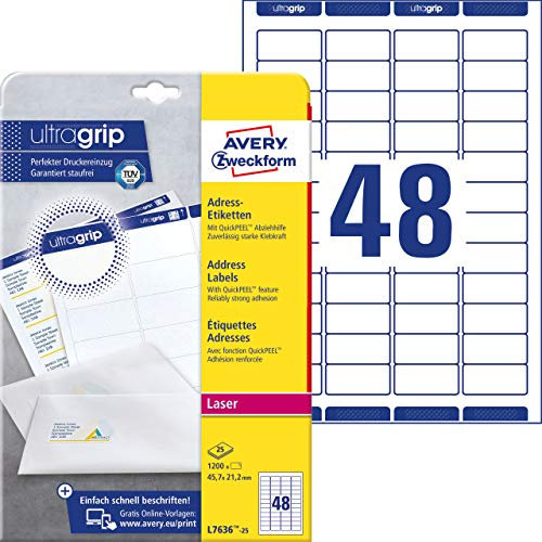 AVERY Zweckform L7636-25 Adressetiketten/Adressaufkleber (1.200 Etiketten mit ultragrip, 45,7x21,2mm auf A4, bedruckbar, selbstklebend, für Absenderetiketten, Papier matt) 25 Blatt, weiß