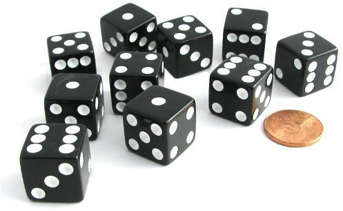 Set of 10 Six Sided D6 16mm Standard Dice Black by Koplow Games