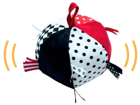 Soft Plush Baby Ball in High Contrast Colors, O Ball Shape with Bell Inside, Sensory Tags, 5, Perfect Size for Small Hands to Grasp, Great for Sensory Play, Tummy Time Toy, Gross Motor Development