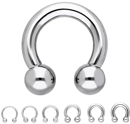 Piercing grande de herradura - 32 tamaños (2, 3, 4, 5, 6 mm de grosor) - Para cejas, helix, tragus, labio, septum, partes íntimas, lengua, pecho, pezón, oreja, nariz, ombligo, etc. Herradura de acero quirúrgico con bolas barbell para atornillar, plateado, - size