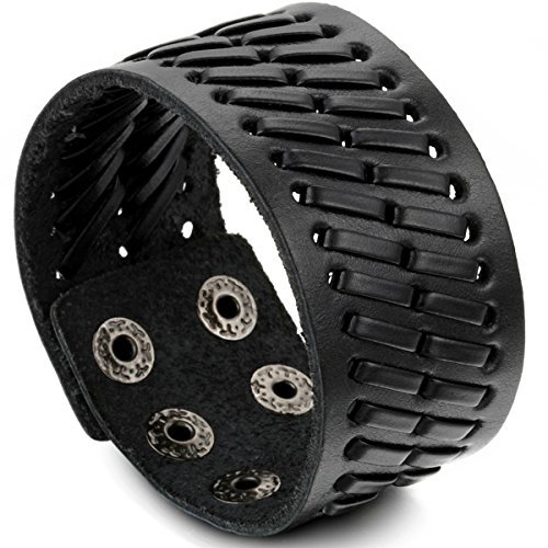 Flongo Herrenarmband Männer Armreif Lederarmband Surferarmband groß breit Biker Armband Manschette Schwarz Silber Geflochten Punk Rock Einstellbar