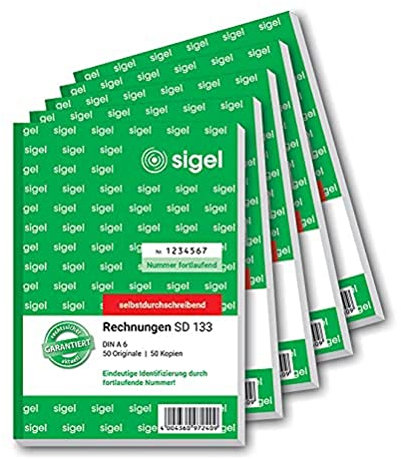 SIGEL SD133/5 Rechnungen fortlaufend nummeriert, eindeutige 7stellige Nummer wie vom Finanzamt vorgeschrieben, A6, 2x50 Blatt, selbstdurchschreibend, 5 Stück, mit Abheftlochung, Rechnungsblock