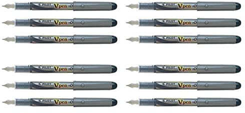 Pilot V-Pen Silver Disposable Fountain Pen with Medium Tip - Pack of 12 - Black