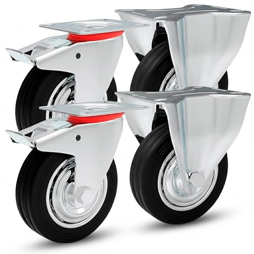 PRIOstahl TR-Set Transporte para Cargas Pesadas, 4 Unidades, fijas y 2 Ruedas giratorias con Freno, diámetro, Goma Negra con llanta de Acero, Ø 100 mm
