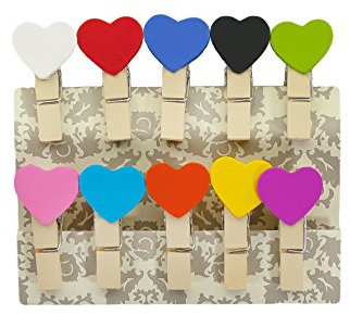 Oblique-Unique® Kleine Mini Holz Wäscheklammern Holzklammern Deko Klammern mit Motiv (Bunte Herzen)