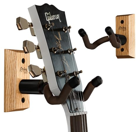 String Swing Lot de 2 supports muraux pour guitare, crochet pour guitare, s'adapte à toutes les tailles de guitares acoustiques, électriques, basses, bois de chêne – Fabriqué aux États-Unis