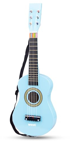 Woet® Guitare Jouet Bleue en Bois pour Enfants, 6 Cordes en Nylon avec Sangle, Corde de Rechange et Livret Musical Coloré avec 3 Chansons, Instrument Éducatif Débutant, À Partir de 3 Ans