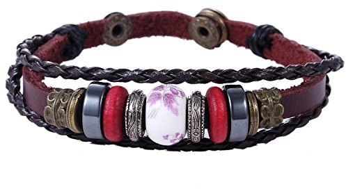 Morella Damen Lederarmband geflochten rotbraun mit Beads und Perlen