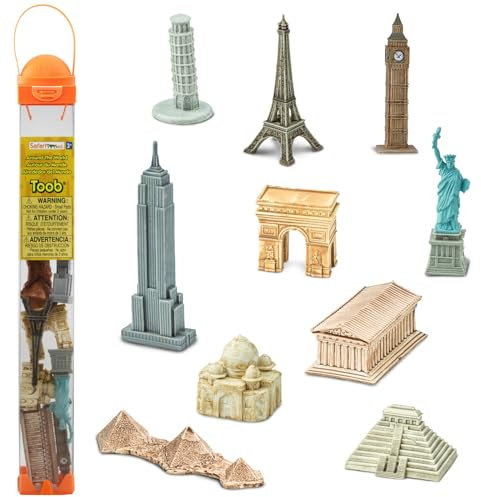 La vuelta al mundo TOOB | 10 figuras: Torre inclinada de Pisa, Torre Eiffel, Taj Mahal, Estatua de la Libertad, Pirámides de Giza y más | Juguetes Educativos para Niños | No tóxicas y Libres de BPA | Apto para Niños de 3+ | Safari Ltd