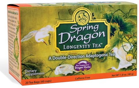 Dragon Herbs Spring Dragon Longevity Tea - Adaptogenic Gynostemma Leaf Herbal Tea Infused with Schizandra Berry, Goji Berry, Astragalus Root, Eleuthero Root, Luo Han Guo Fruit – Immune Support, Calming, Invigorating, Energy, Soothing, Digestion Support, Caffeine Free - 20 Individually Wrapped Bags, Makes 60 servings