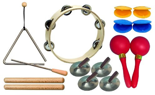 Goldon - Mini-Rhythmus-Set 8- teilig, Inhalt: Schellenring, Klanghölzer (Paar), Fingercymbel (Paar), Kastagnetten (Paar), Triangel, Rumba (Paar) im handlichen Kunststoffbeutel
