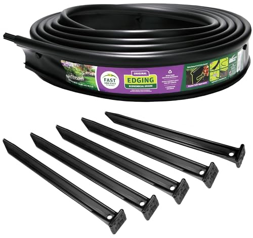 Master Mark Original Plastic Landscape Edging Roll with 5 Anchoring Stakes, Flexible 20-Foot Coil for Gardens, Flower Beds, and Lawn, Garden Border, Black
