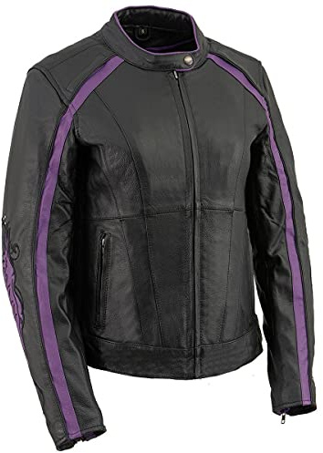 Milwaukee Leather ML1952 Women's Black and Purple Embroidered and Stud Design Scooter Jacket - Medium