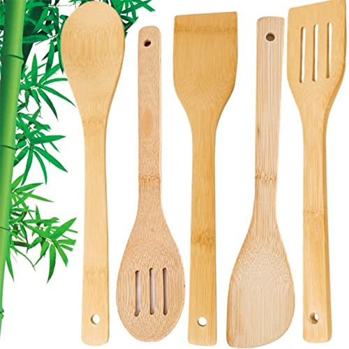 5 Pieces Wooden Kitchen Utensils Set Wood Cooking Utensils Tool Spatula Spoon Turner Slotted Turner for Non-Stick and Frying Pans Kitchen Gift Cooking Essentials Dishwasher Safe Long Handle 30CM