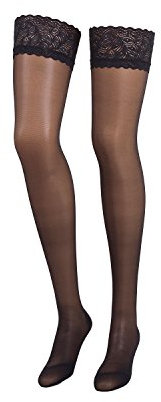 COMPRESSANA Calypso 140 den Feinstrick Stützstrümpfe mit Spitzenhaftband – effektive Stützwirkung mit ca. 15-18 mmHg Kompression (Stütz-Klasse 3) - nahezu blickdichtes, feines und glattes Maschenbild – Schenkelstrümpfe mit Haftband - Größe IV - Farbe schwarz - 1 Paar