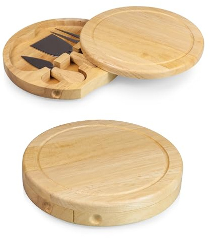 PICNIC TIME Brie Cheese Board and Knife Set, Novelty Charcuterie Board Set with Stainless Steel Tools and Juice Groove, Two-tiered, Swivel-Open Serving Platter, and Charcuterie Set, (Parawood)