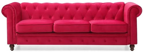 Menzzo Canapé Chesterfield 3 Places Velours Rouge Style Anglais – Sofa Design Classique Chic