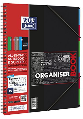Oxford Organiserbook A4 Studium Collegeblock kariert, 80 Blatt, 5 Stück mit 4 Farben