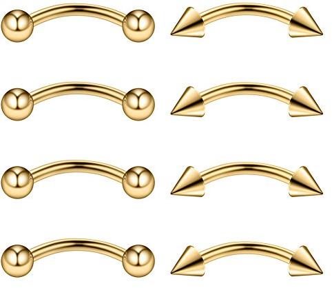 Ruifan 4PRS Eyebrow Piercing Jewelry Curved Barbell with Ball/Spike Kit Eyebrow Tragus Lip Ring 16g 16 gauge 8mm (Gold)