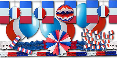 ORDENO Frankreich Grundausstattung Partydeko Länderset blauweißrot - Patriotische Länderdeko mit Girlanden, Luftschlangen, Luftballons, Fahnenkette, etc.