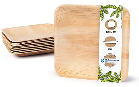 BIOZOYG 25x piatti in foglia di palma 15 x 15 cm - Piatti monouso compostabili e naturali - Stoviglie per feste quadrate