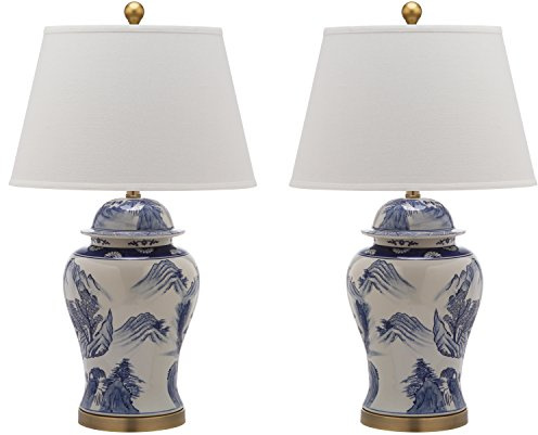 SAFAVIEH Lighting Collection – Shanghai Ginger Jar Set of 2 Blue & White Ceramic Table Lamps with White Shades, 30-Inch Traditional Accent Lamps, LED Bulbs Included (LIT4173A-SET2)