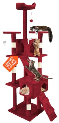 Tiragraffi XXL 170cm con Doppia Cuccia per Gatti Adulti, Albero Giochi in Sisal e Peluche, Piatteforme Relax, Ampio e Sicuro per il Massimo Divertimento dei Gatti Bordeaux