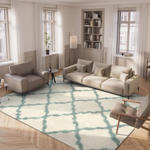 SAFAVIEH Dallas Shag Collection Area Rug - 6' x 9', Ivory & Light Blue, Trellis Design, Non-Shedding & Easy Care, 1.5-inch Thick Ideal for High Traffic Areas in Living Room, Bedroom (SGD257J)