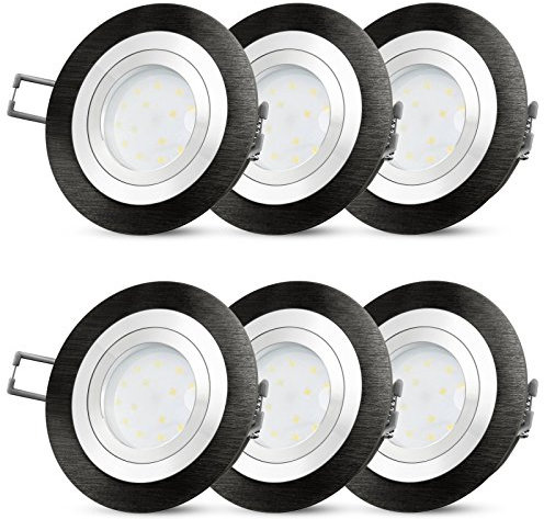 SSC-LUXon 6er Set RF-2 LED Einbaustrahler flach & rund in Alu schwarz - mit wechselbarem LED 4W 230V warmweiß - Spot Einbauleuchte 30mm