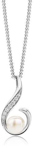 MIORE Collana Donna Argento, Catena con Ciondolo di Perla Coltivata d'Acqua Dolce e Zirconi in Argento 925. Catenina Grumetta Lunga Cm 46. Pendente Donna anallergico.